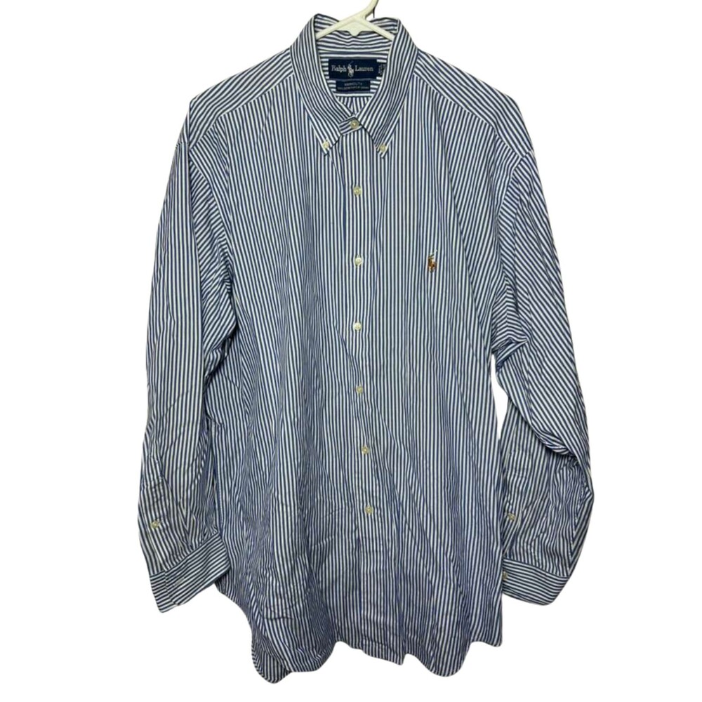 Ralph Lauren Yarmouth Button Down Shirt Men 16 Large Blue Striped Long Sleeve